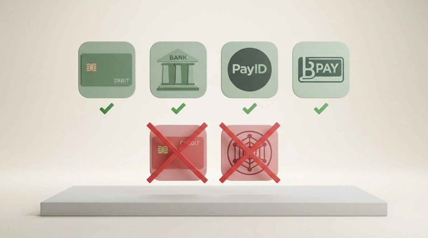 Four payment icons (debit card, bank transfer, PayID, BPAY) in a row with green checkmarks, and two crossed-out icons (credit card, Bitcoin) in red below
