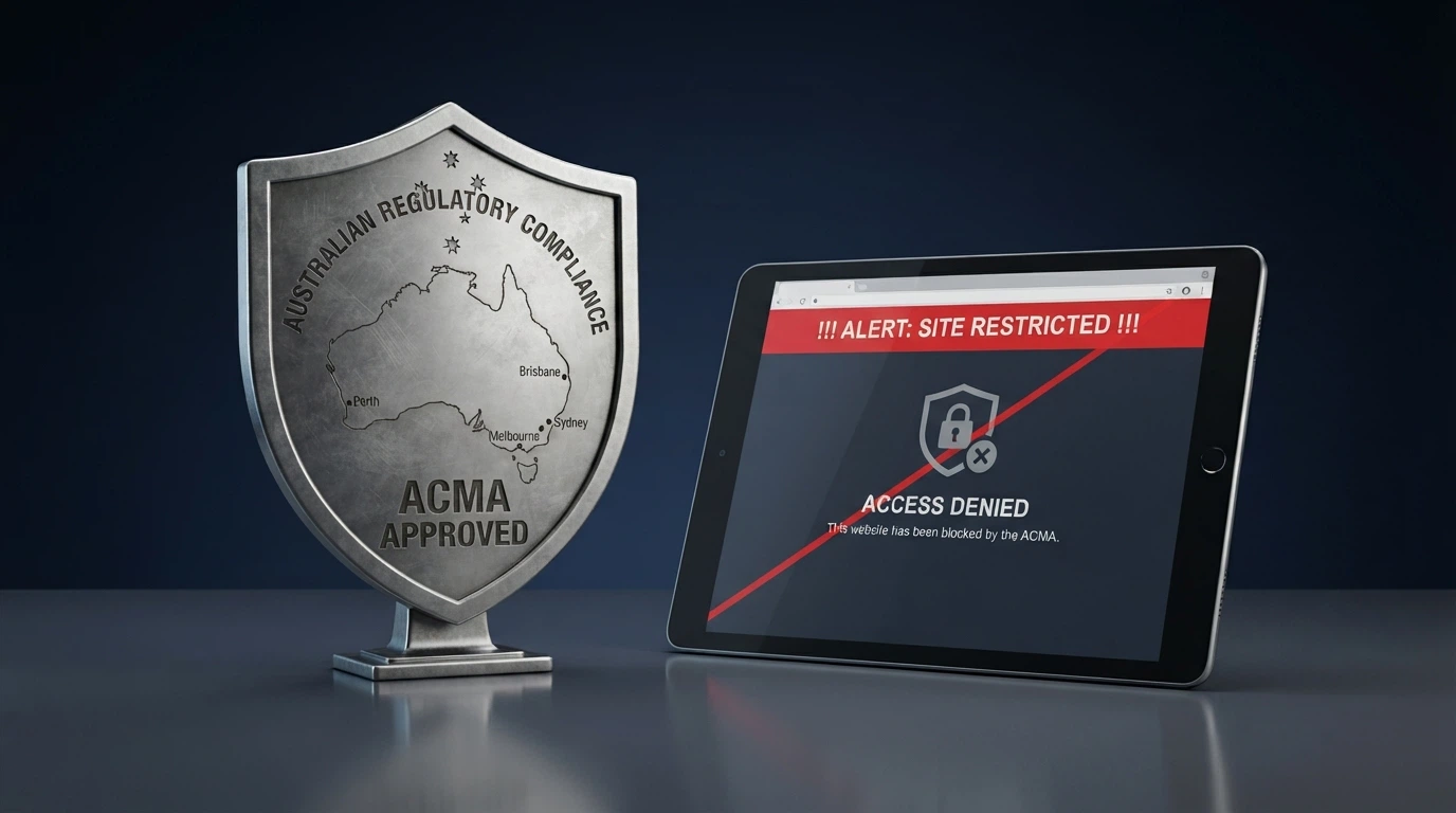 The ACMA logo or a stylised regulatory document with an Australian map outline and a blocked-website warning screen