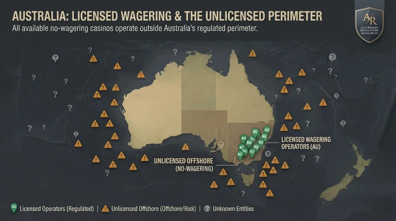 A map of Australia with licensed wagering operators marked in one colour and a grey offshore zone surrounding it with question-mark icons, overlaid with the ACMA logo