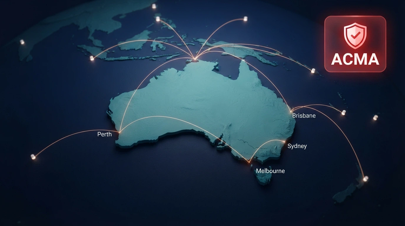 A stylised map of Australia with offshore casino server locations marked by connection lines and an ACMA blocking-notice graphic overlaid in the corner