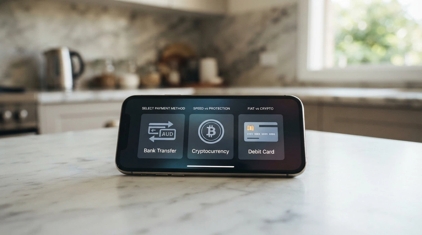 A smartphone displaying PayID, crypto wallet and debit card icons for casino payments