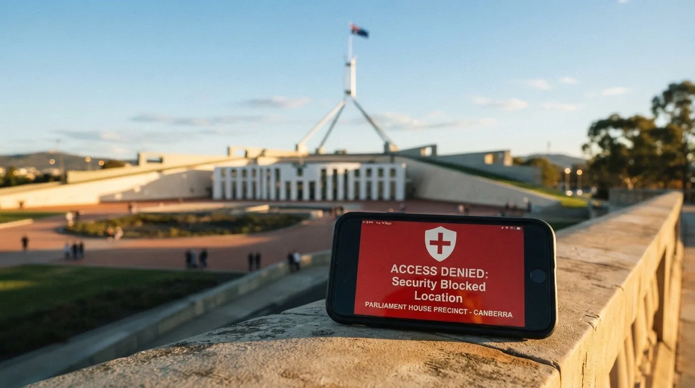 Parliament House in Canberra with a smartphone overlaid showing an ACMA website-blocking notice