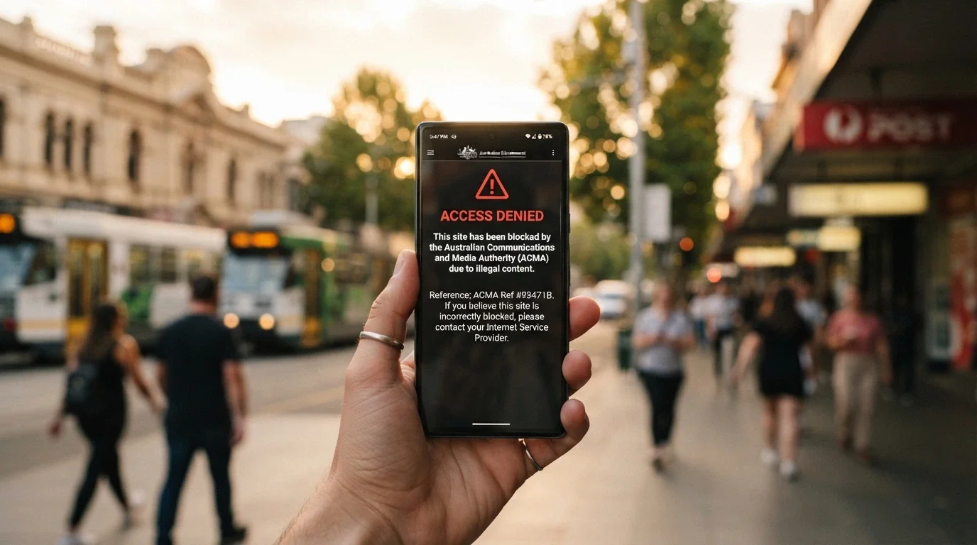 A visual representation of the Interactive Gambling Act 2001 — the Act's cover or the ACMA blocking-notice screen an Australian player sees when a site is blocked