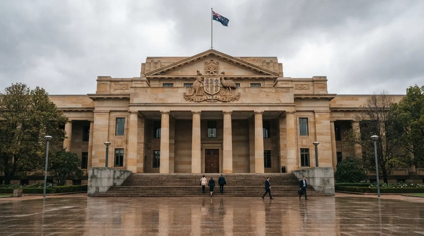 A government building exterior with the Australian coat of arms visible, conveying the federal legal framework