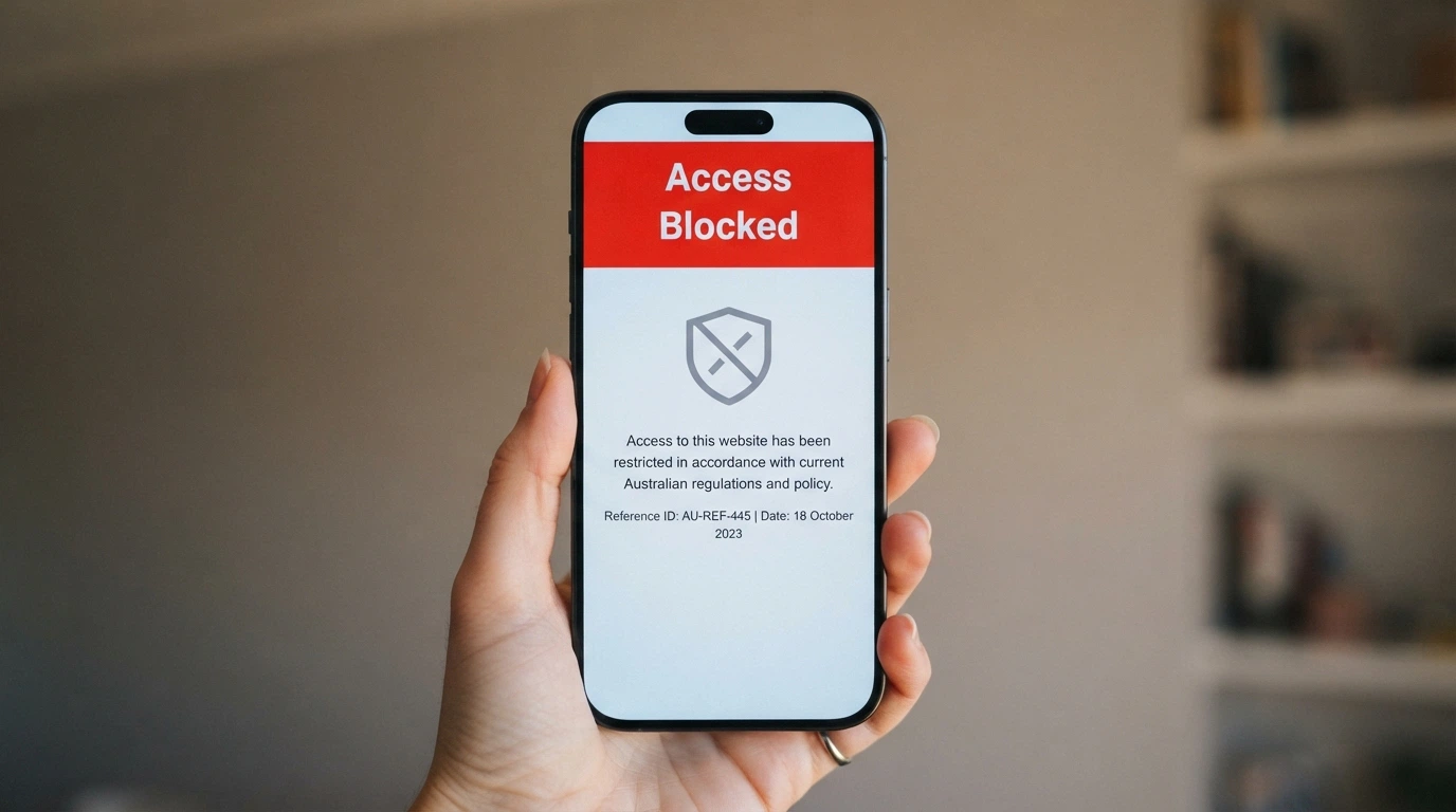 A smartphone screen showing an ACMA blocking notice alongside the BetStop registration page