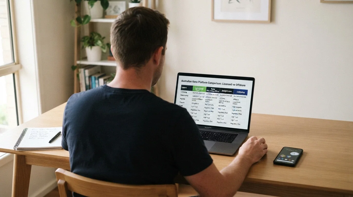 An Australian player reviewing keno platform options on a laptop with a notepad and phone nearby