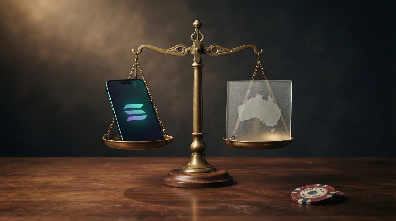 A balanced visual weighing a fast Solana transaction on one side against an ACMA consumer-protection shield on the other