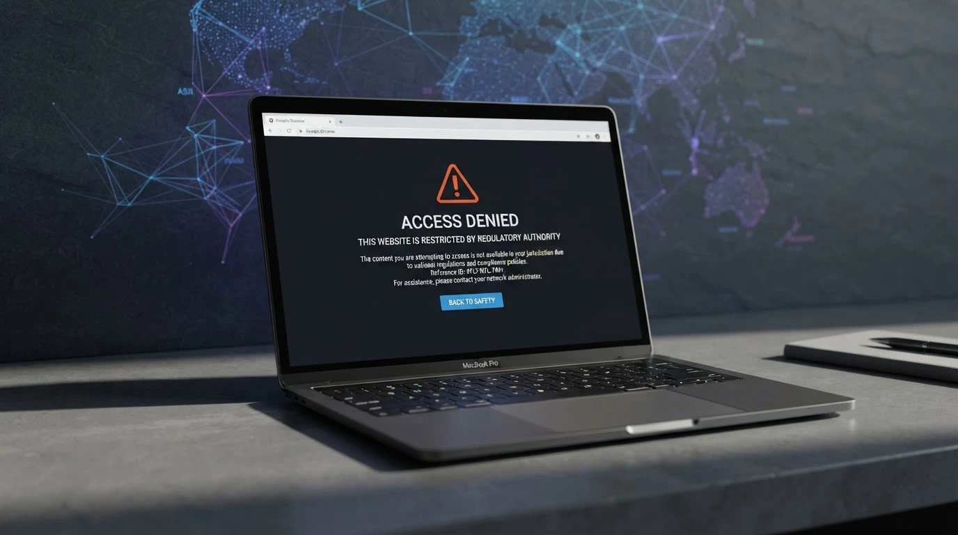 An Australian government crest or ACMA logo on a official-looking document page, set against a muted background of a blockchain network diagram