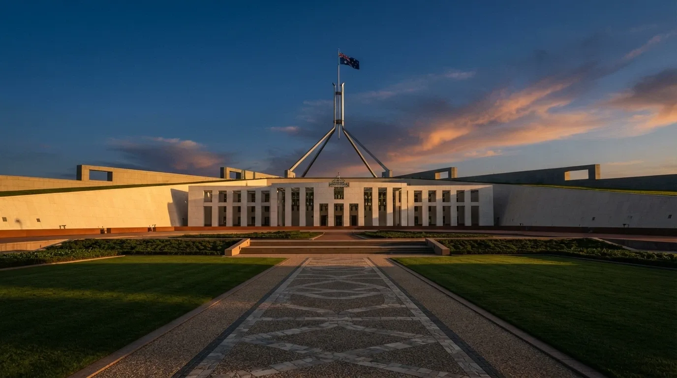 Parliament House Canberra with a scale-of-justice overlay and a document labelled Interactive Gambling Act 2001