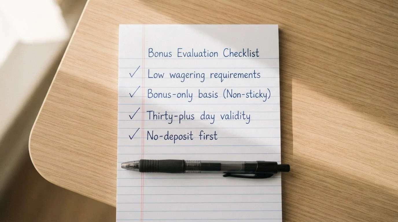 A simple decision checklist on a clean background: low wagering, bonus-only basis, 30+ day validity, no-deposit first — no operator logos