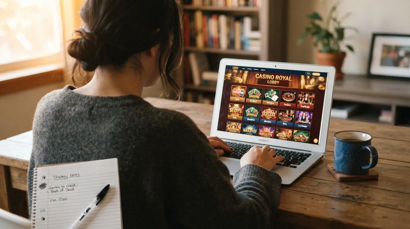 An Australian player at a desk with a laptop, a notepad and a coffee, looking at a screen showing casino options with a thoughtful expression