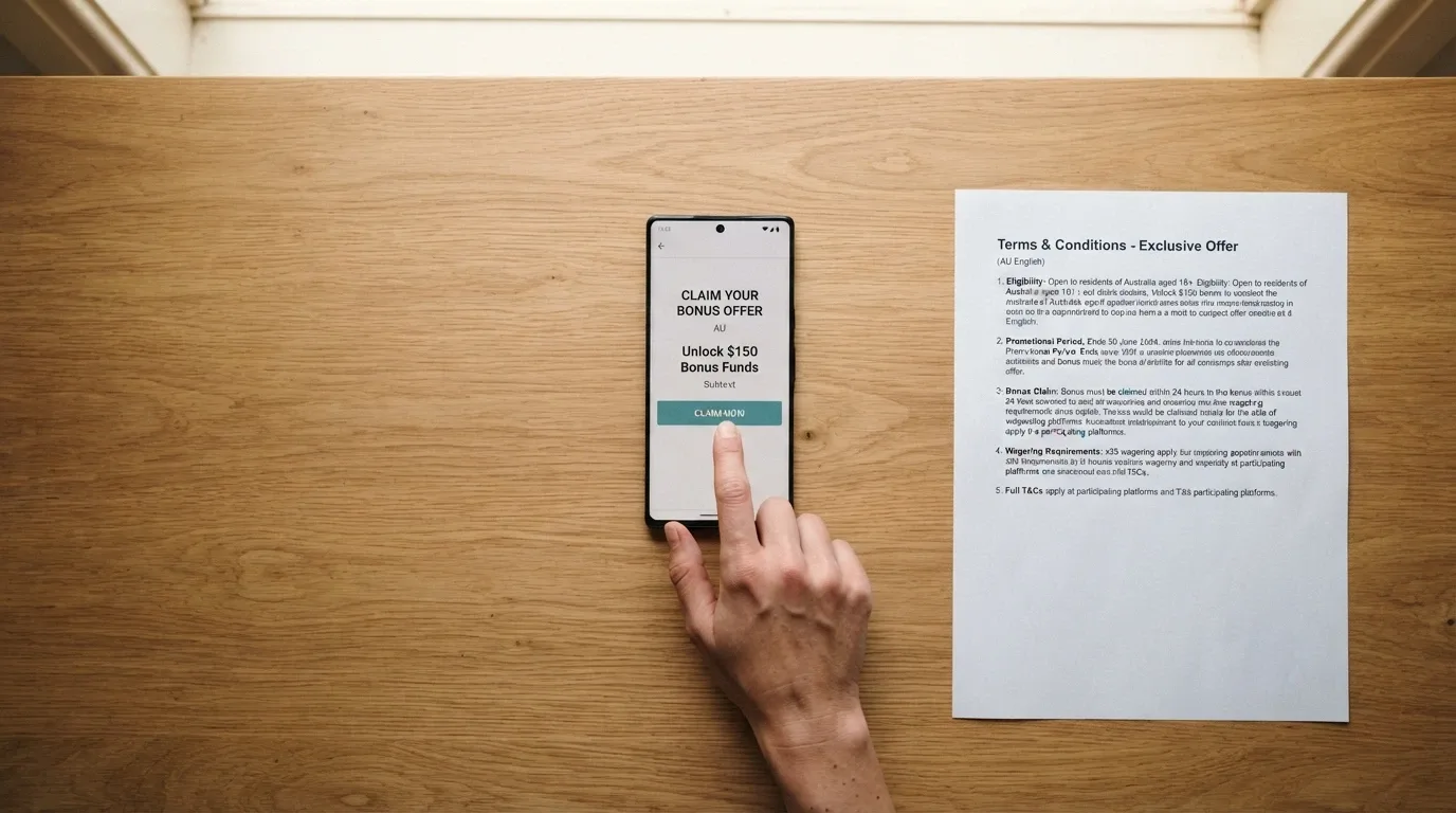An Australian player at a desk, one hand on a mouse hovering over a claim button, the other holding a document labelled Terms