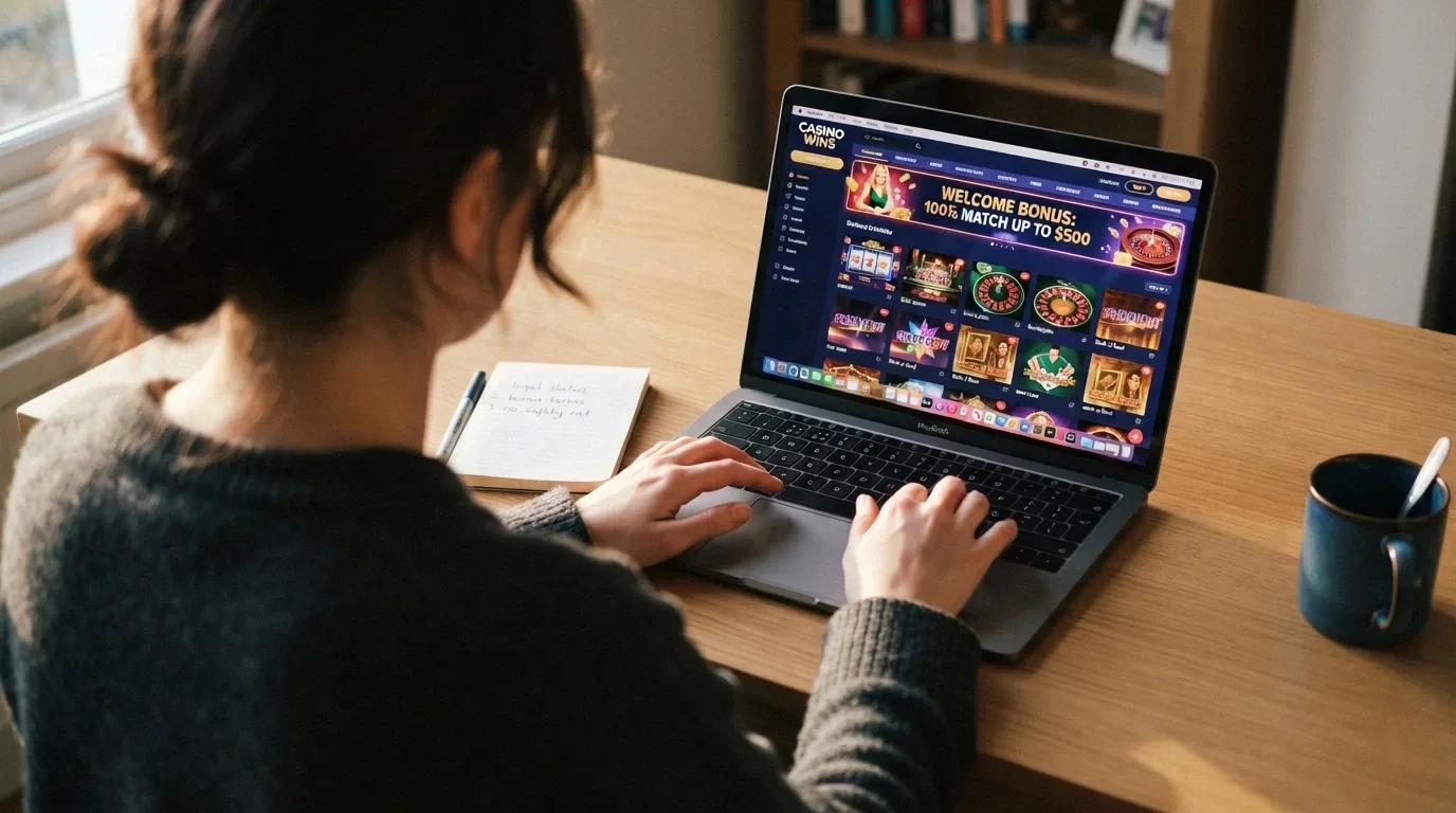 An Australian consumer — hands resting on a keyboard, casino lobby visible on screen — with a notepad beside the keyboard listing three hand-written points: legal status, bonus terms, no safety net