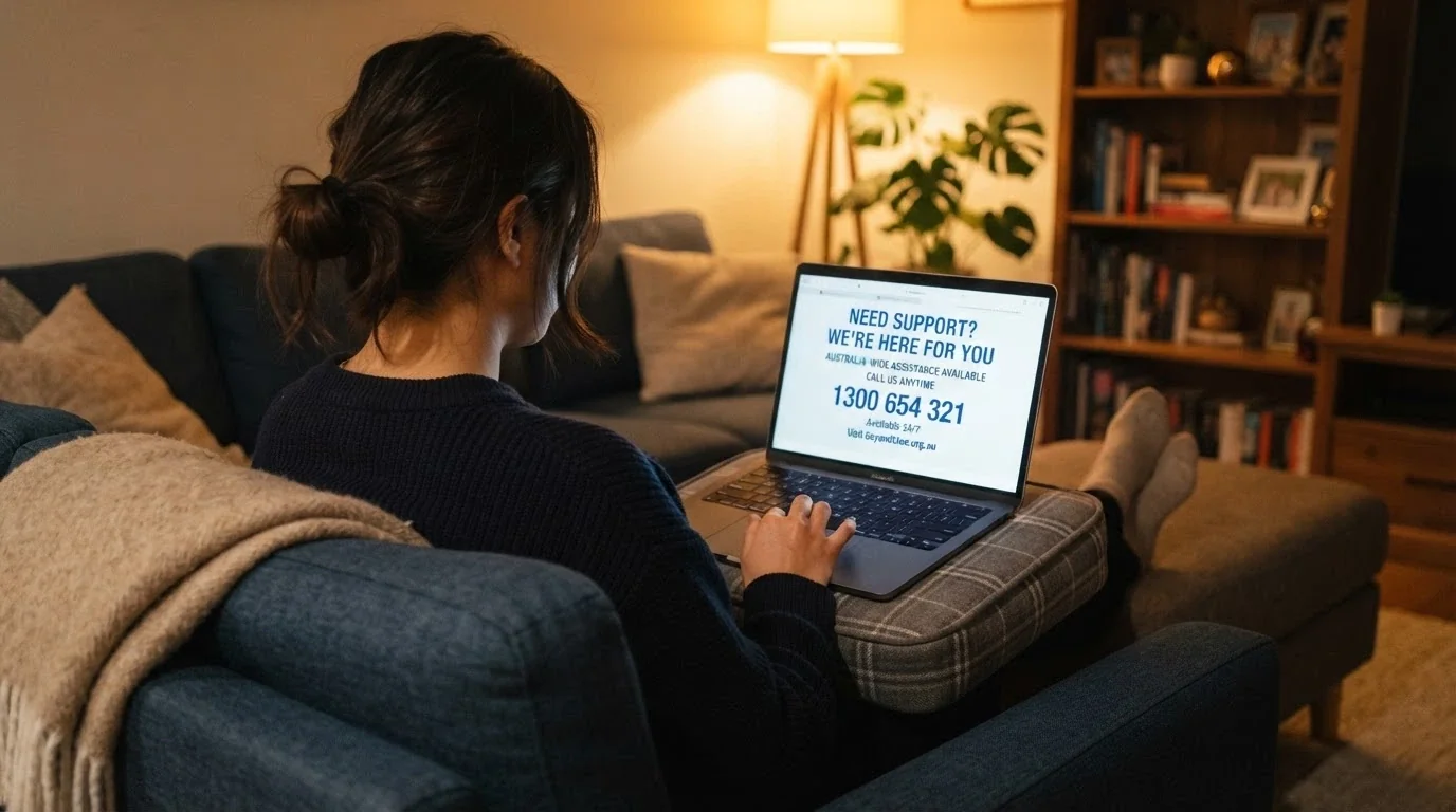 A person looking at a laptop screen showing a help-resource page, with a thoughtful expression — the screen content conveys support, not a casino
