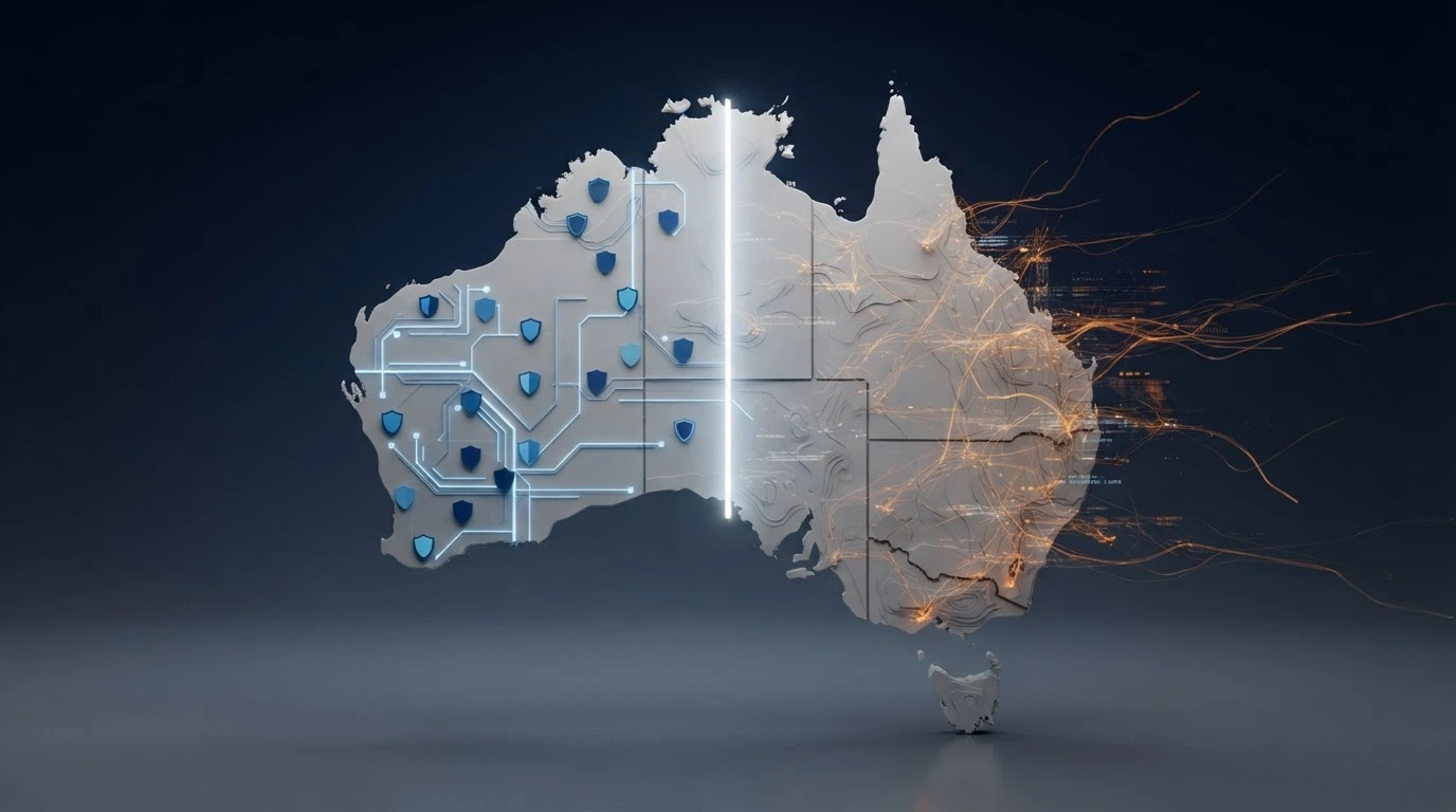 A conceptual graphic showing Australia with licensed wagering paths on one side and the offshore casino reality on the other, the Interactive Gambling Act as the dividing line