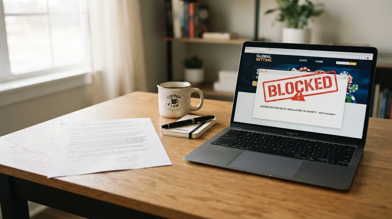 A desk with a printed copy of the Interactive Gambling Act beside a laptop showing an offshore casino homepage, with a red “Blocked” ACMA stamp overlay on the screen