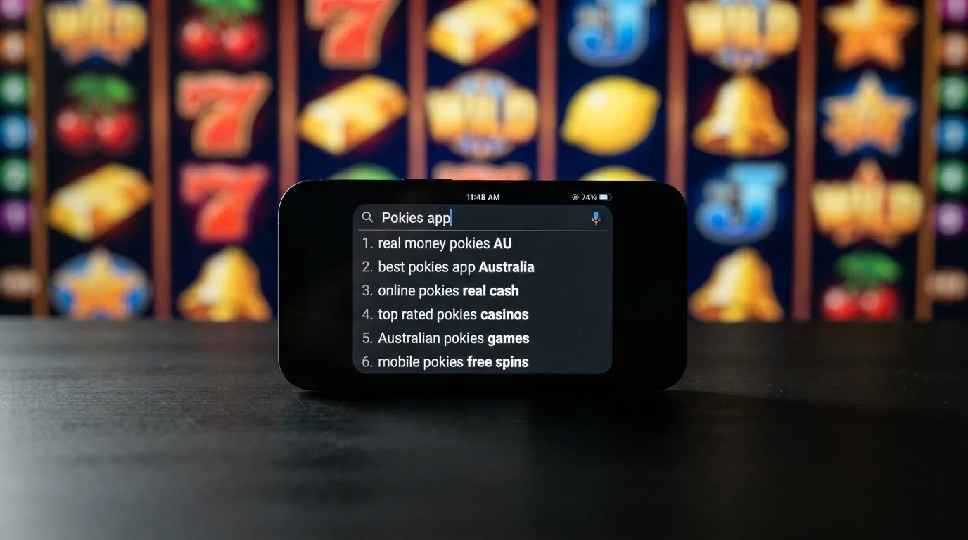 A search bar with “Lightning Link” typed in, autocomplete suggestions showing Dragon Link, Dragon Cash and Lightning Strike below it, over a backdrop of colourful slot-reel symbols