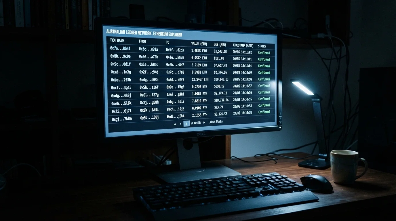 A computer screen displaying rows of BCH blockchain transactions with sender and receiver addresses and timestamp data
