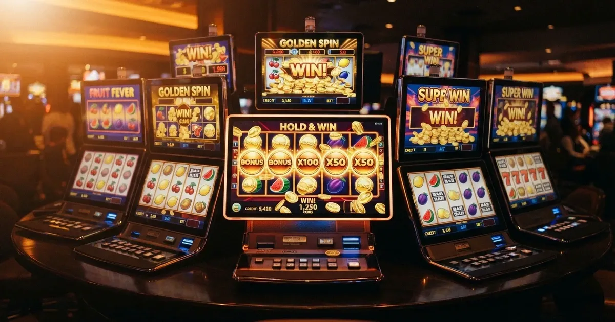 A grid of colourful 1Spin4Win slot reels with fruit symbols and Hold & Win triggers visible on screen