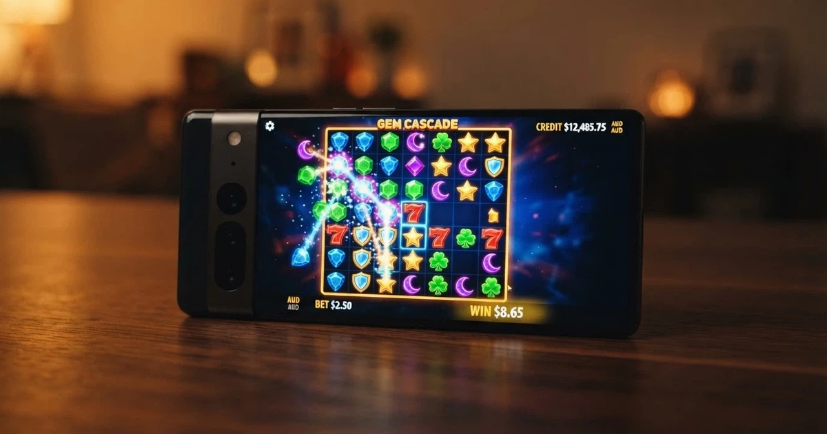 A smartphone screen displaying a colourful 7×7 cluster-pays slot game grid with cascading symbols mid-animation