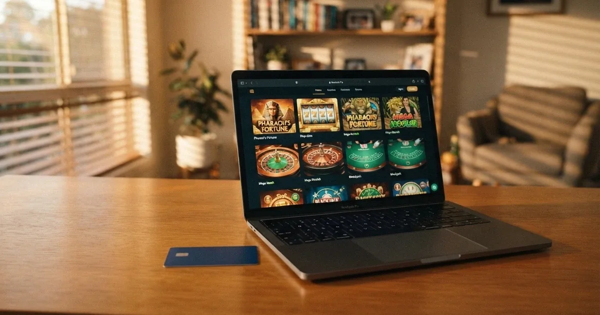 A laptop screen displaying online casino options with an Australian bank card beside it
