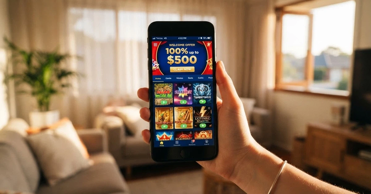 A smartphone held in one hand showing a mobile casino lobby with game thumbnails, a prominent welcome-offer banner, and an Australian mobile network indicator in the status bar