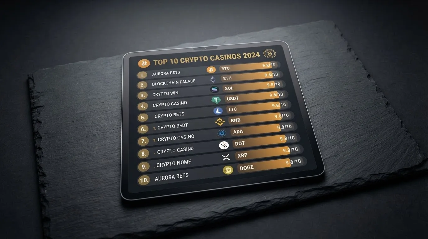 A ranked comparison table of casino brands with Bitcoin logos, arranged in a numbered list on screen