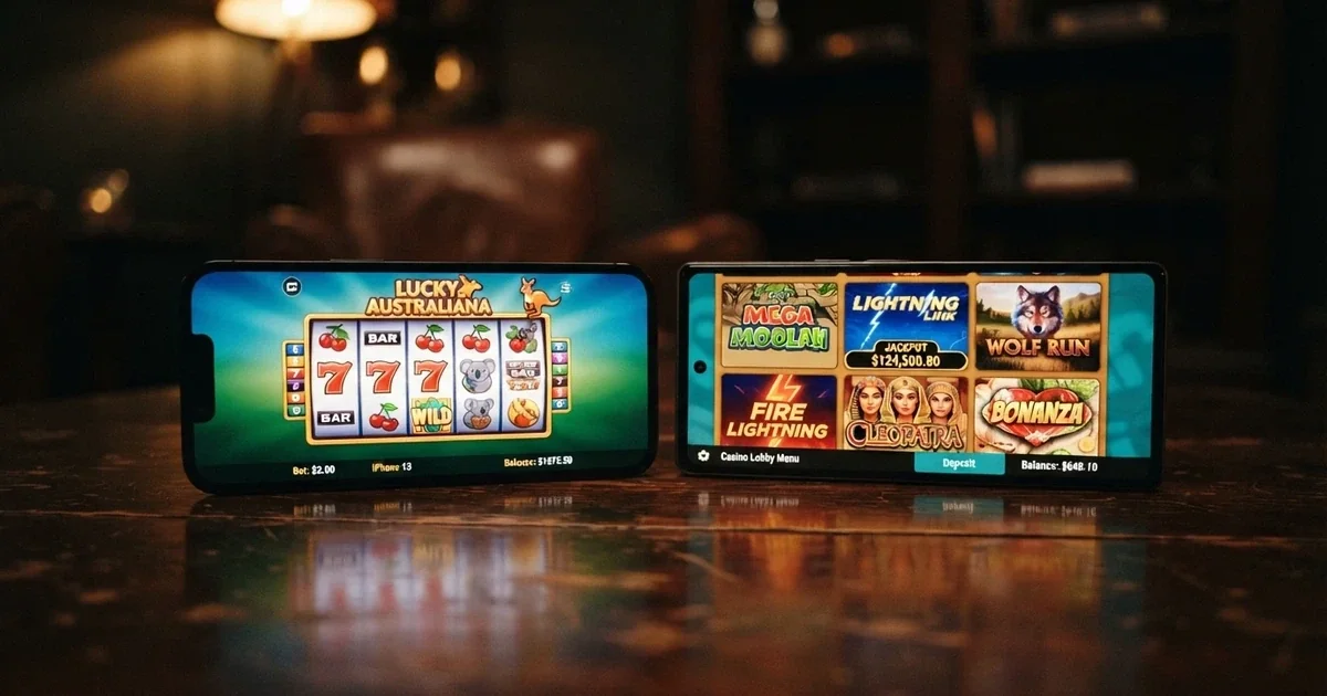 smartphone screens showing casino app lobbies and pokies reels
