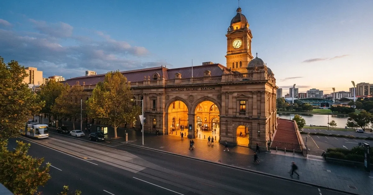 The heritage-listed Adelaide Railway Station building on North Terrace, housing SkyCity Adelaide casino, with the River Torrens and city skyline visible