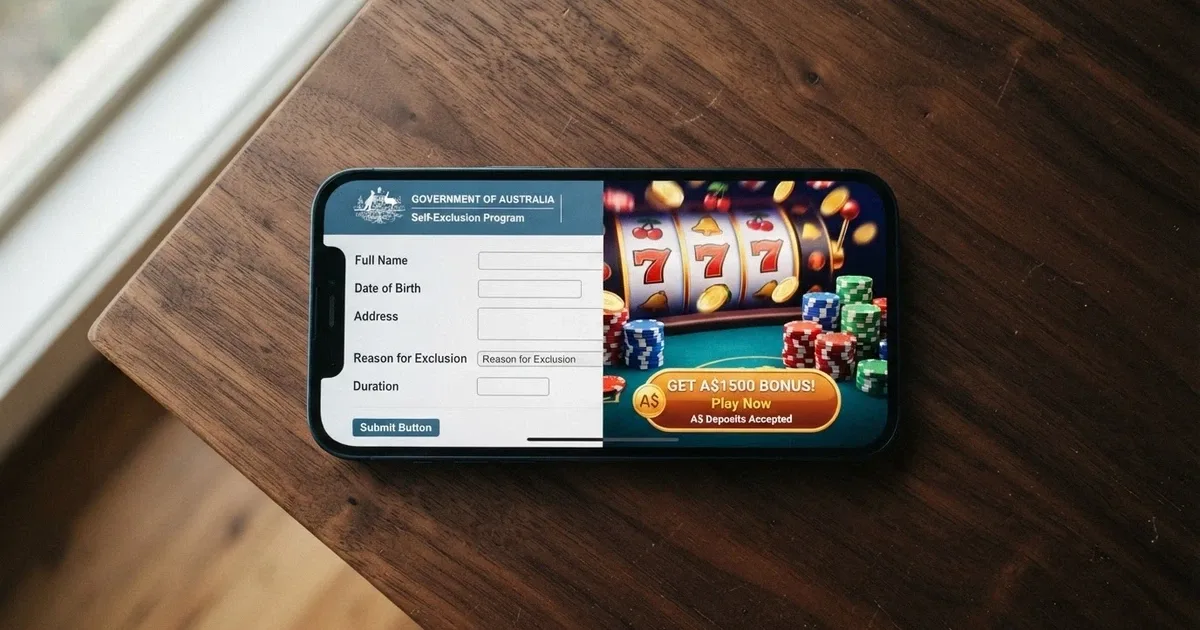 A smartphone screen displaying the BetStop.gov.au landing page beside an offshore casino lobby, split-screen composition