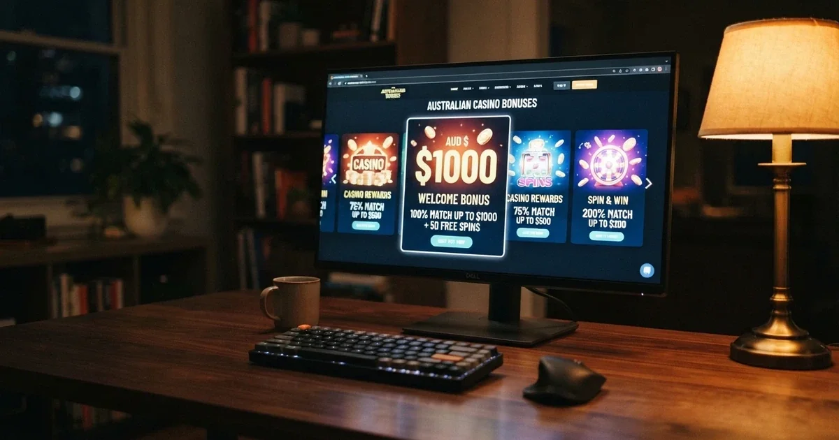 A row of brightly lit online casino welcome-bonus banners on a desktop screen, an Australian dollar symbol visible on one offer card