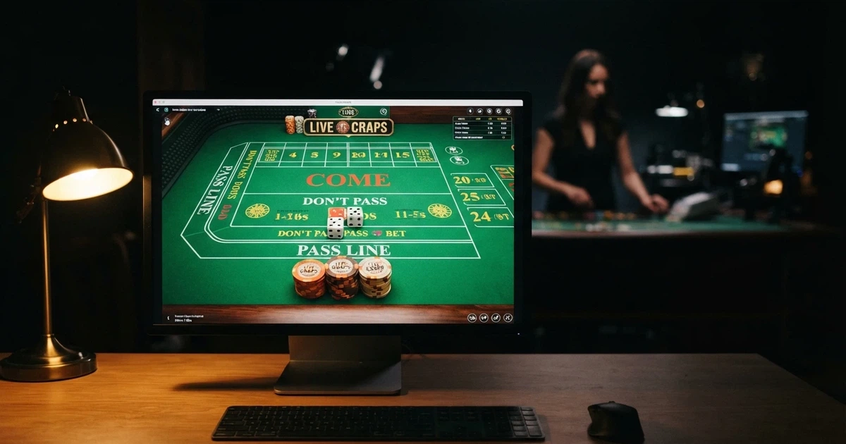 A digital craps table on a screen with Australian dollar chips stacked on the Pass Line and a live dealer visible in the background