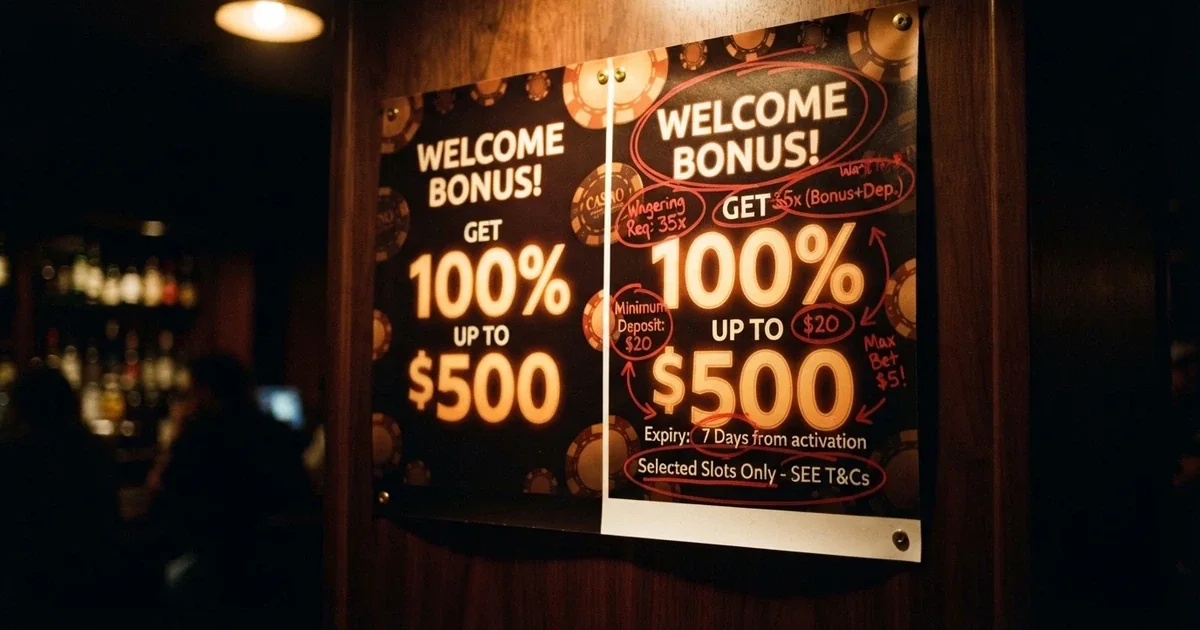 A split-screen comparison: on one side a glowing casino bonus banner reading “100% UP TO $1,000”, on the other the same banner with fine-print annotations circling wagering multiples, expiry dates and game restrictions in red