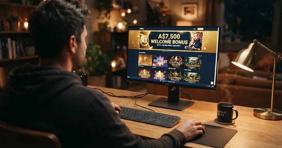Online casino lobby interface showing high-stakes betting options with Australian dollar amounts and bonus banners displayed on a desktop screen