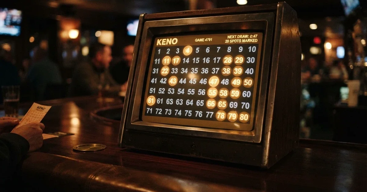 A keno terminal screen displaying a grid of 80 numbered spots with 20 drawn numbers highlighted in colour