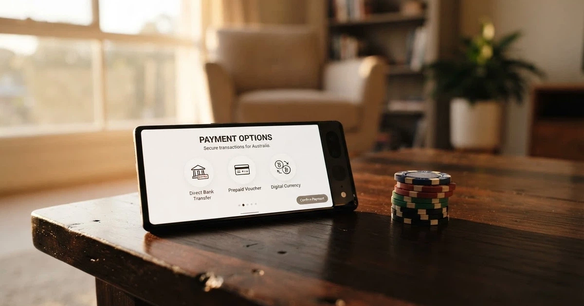 Australian banknotes and a smartphone displaying casino payment options on screen