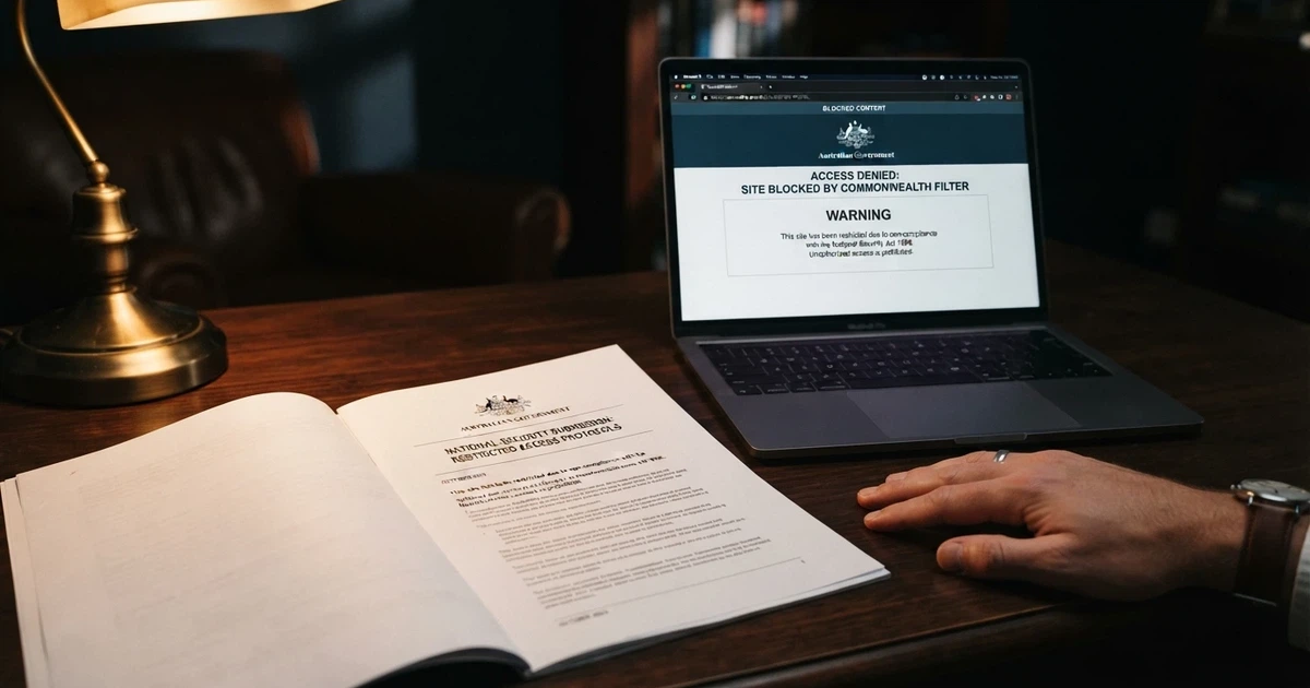 A document titled Interactive Gambling Act 2001 next to a screen displaying a blocked casino website notice
