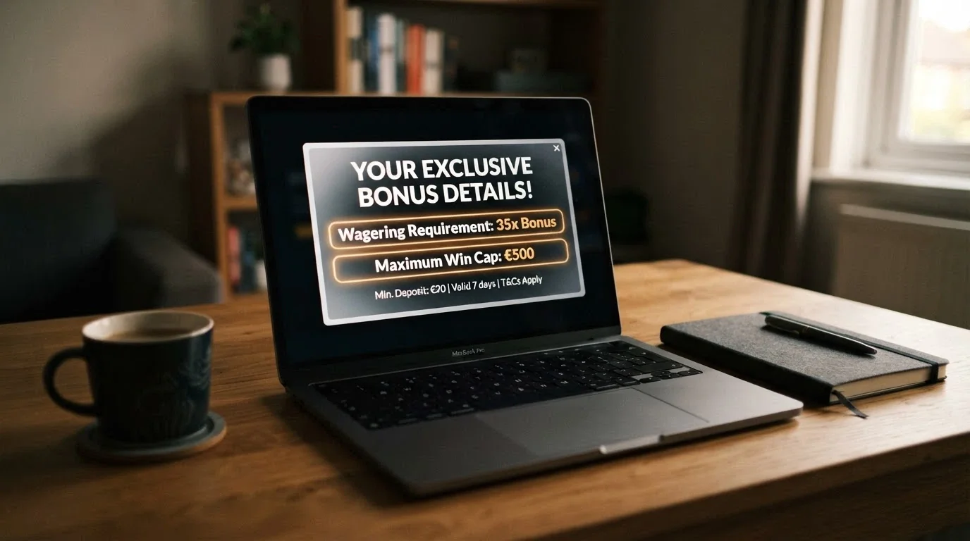 A welcome-bonus terms popup with the wagering-requirement line and maximum-win cap highlighted, the bonus amount sitting above it in a larger font