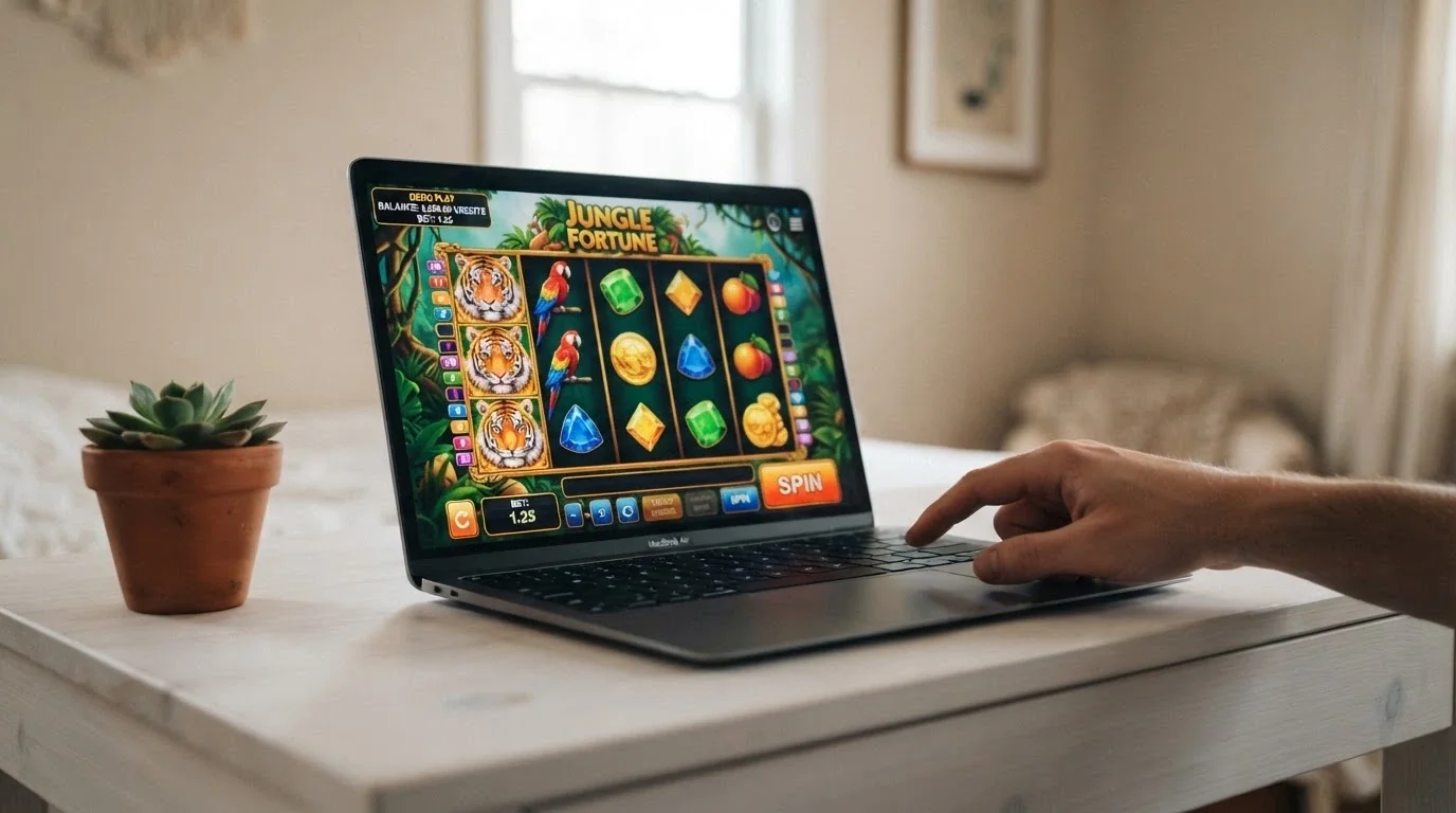 A Betsoft slot running in demo mode, the play-money balance displayed in the corner, the spin button active and the reels frozen mid-spin