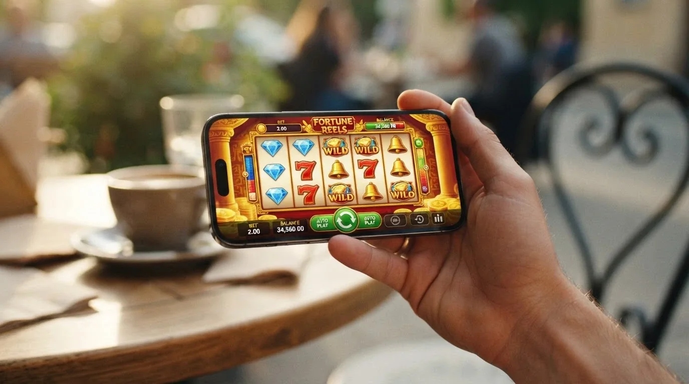A smartphone held in landscape mode showing a Betsoft slot running inside a mobile browser, no app icon visible, the touch controls overlaid on the reel area