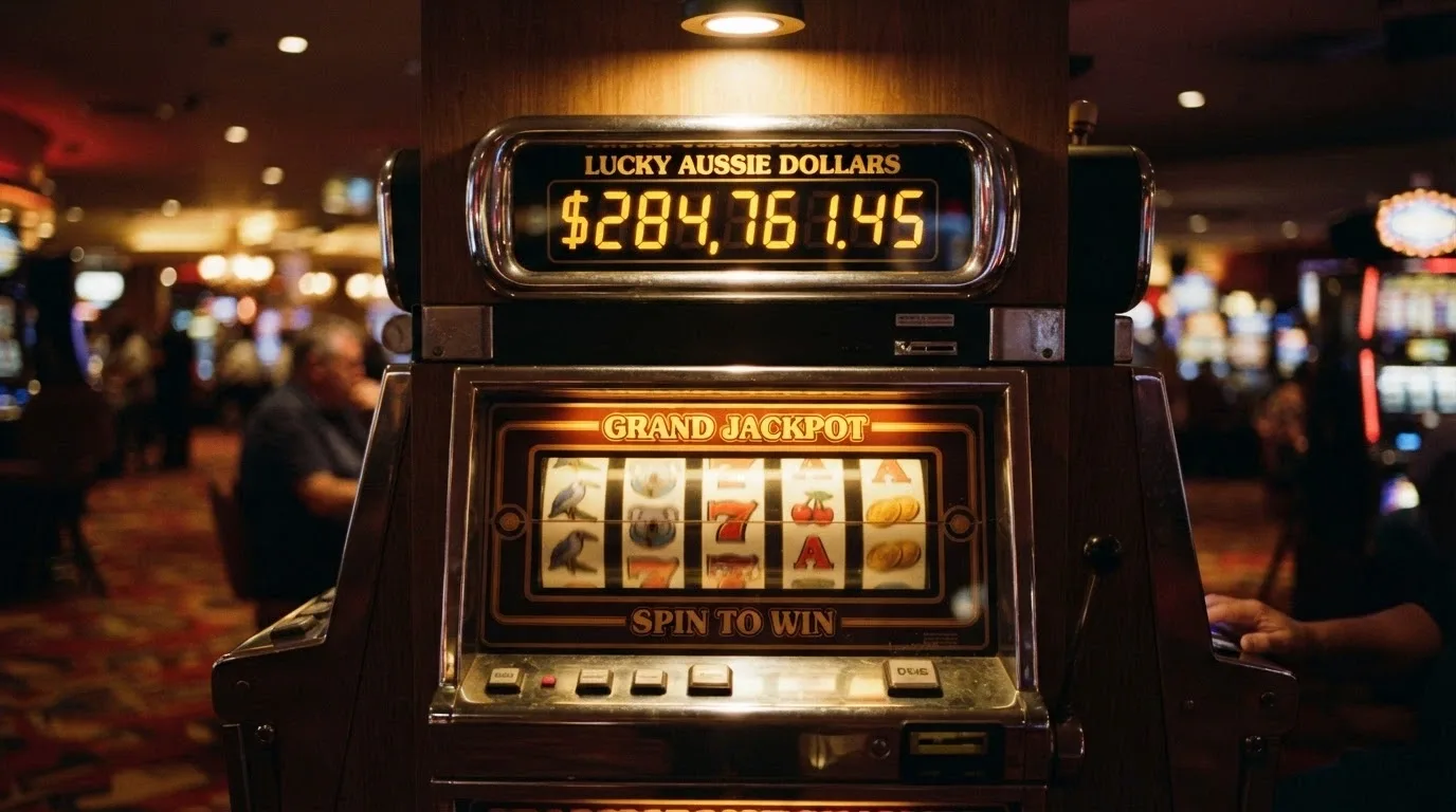 A progressive jackpot meter displayed above a Betsoft slot reel, the figure in Australian dollars climbing with each tick