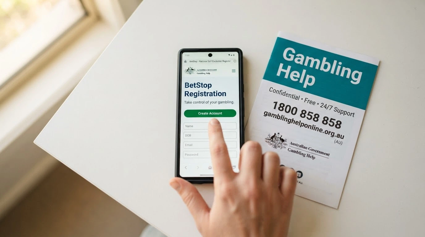 A smartphone screen showing the BetStop.gov.au homepage with the registration button visible, next to a Gambling Help Online support graphic