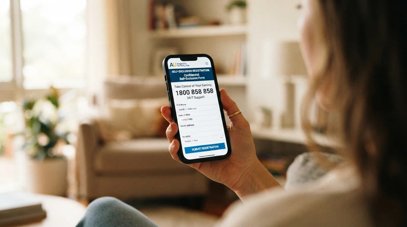 A phone screen showing the BetStop self-exclusion register landing page alongside the Gambling Help Online homepage, with the 1800 858 858 number visible