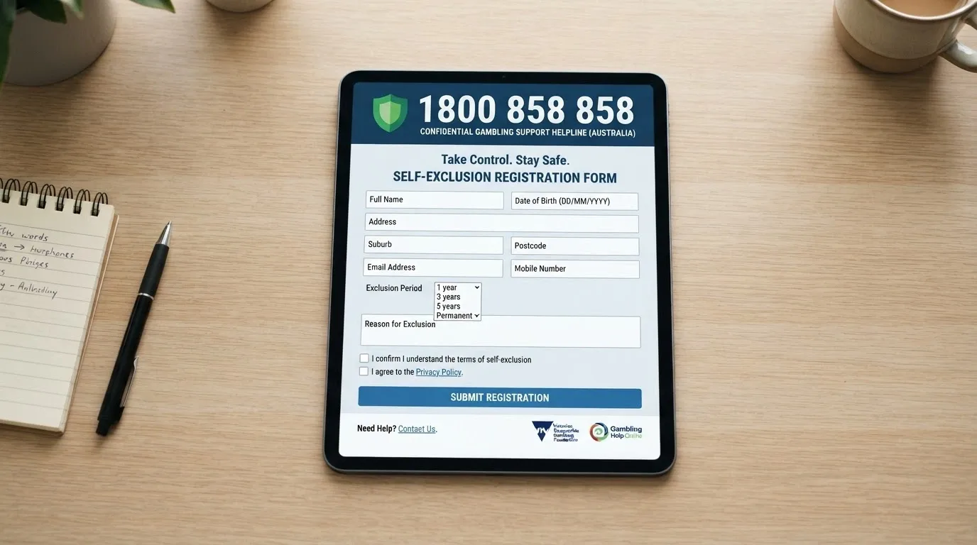 A BetStop National Self-Exclusion Register information screen alongside the National Gambling Helpline number 1800 858 858 displayed prominently
