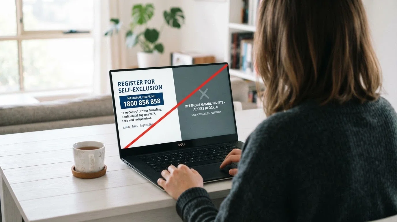A laptop screen showing the BetStop National Self-Exclusion Register homepage with a red diagonal line cutting between it and an offshore casino logo, plus the Gambling Helpline number 1800 858 858 visible.