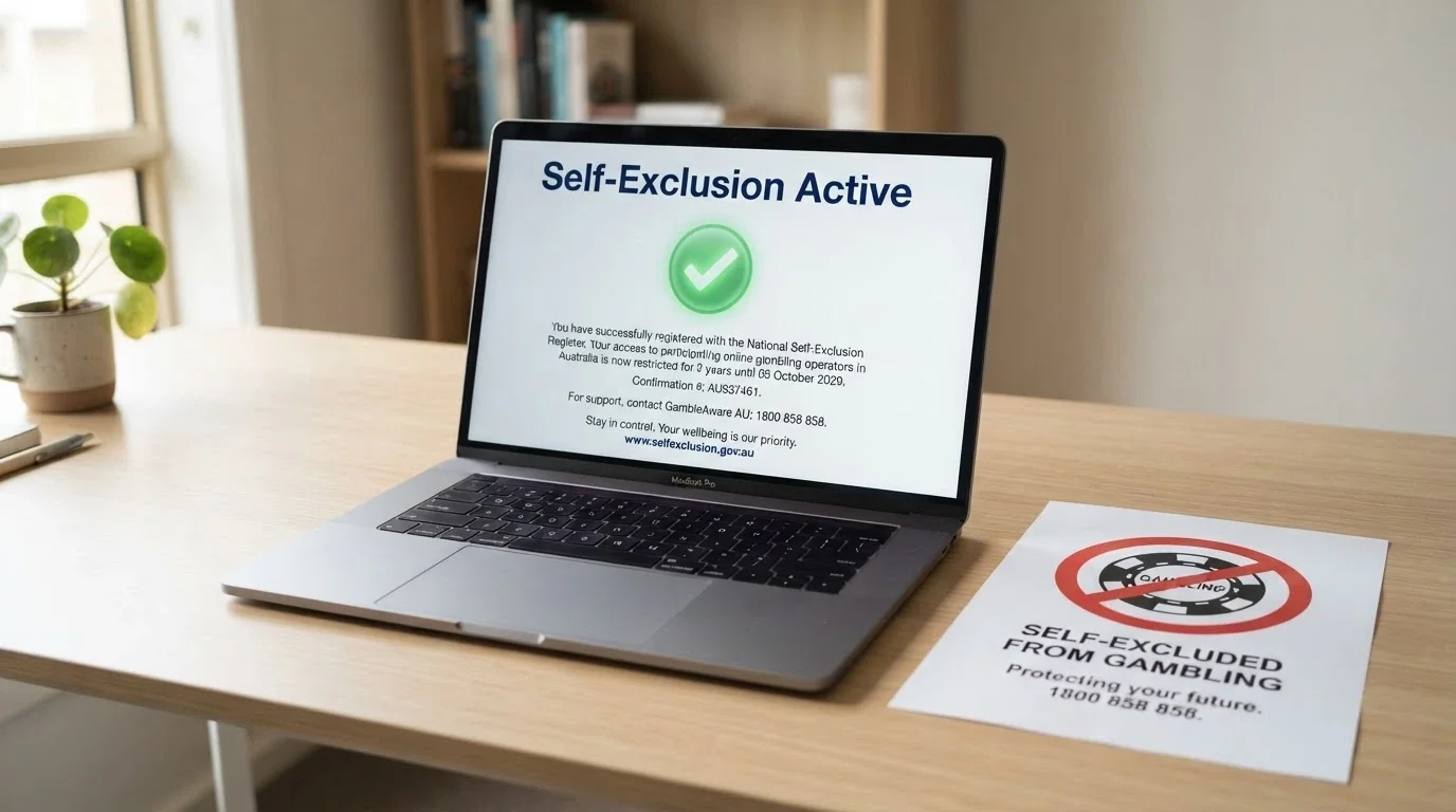 BetStop self-exclusion register interface on a screen with a crossed-out offshore casino logo beside it
