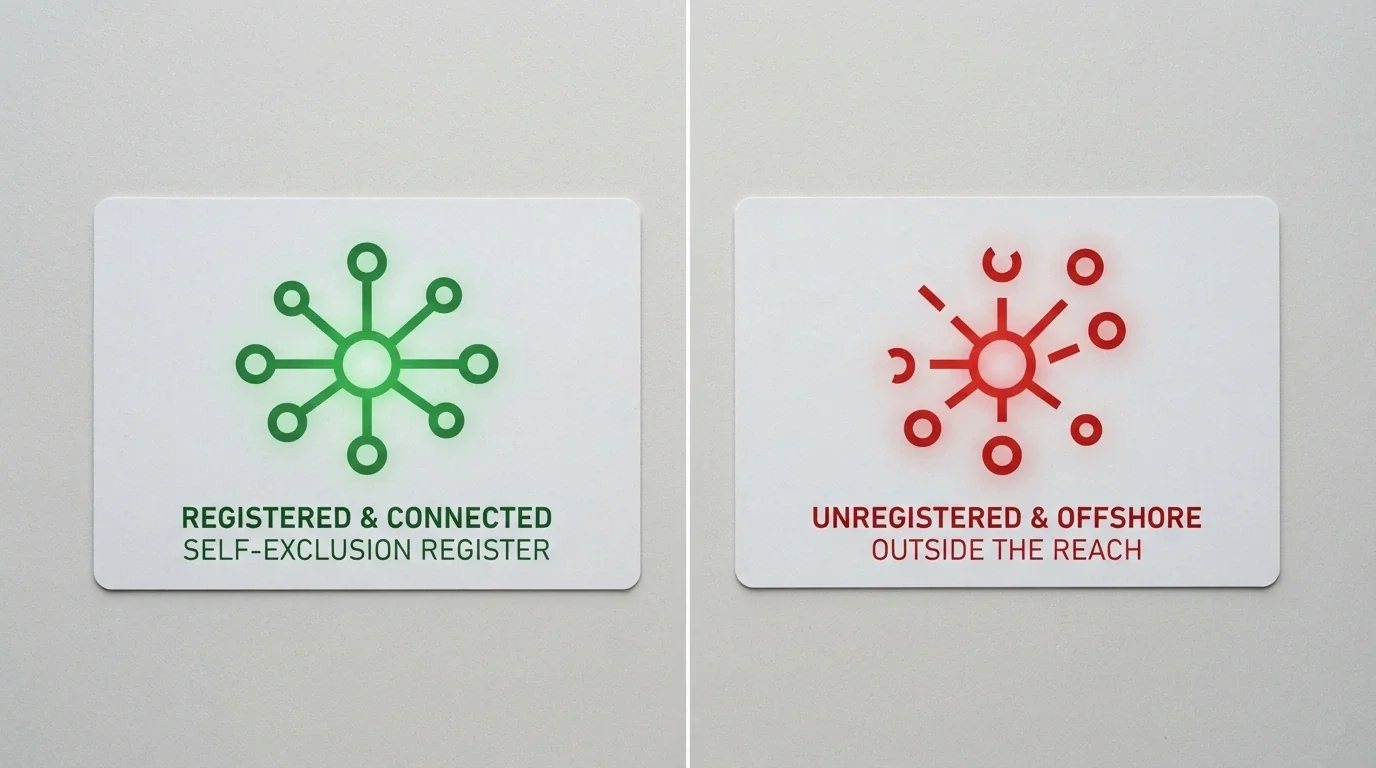 A split visual — on one side, the BetStop National Self-Exclusion Register logo with a green connected icon; on the other, an offshore casino logo with a red disconnected icon and a gap between them