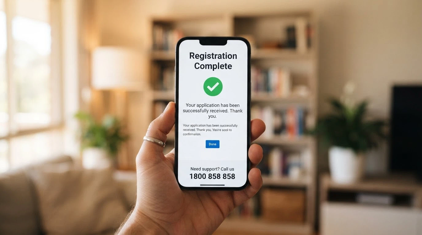A phone screen showing the BetStop registration confirmation page with the National Gambling Helpline number 1800 858 858 overlaid at the bottom