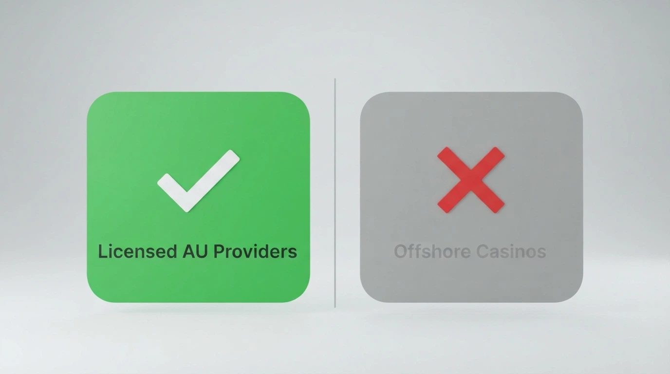 A split image — on the left the BetStop logo with a green tick and text reading “covers ~150–190 licensed AU providers,” on the right the same logo greyed out with a red cross and text reading “does not cover offshore casinos”