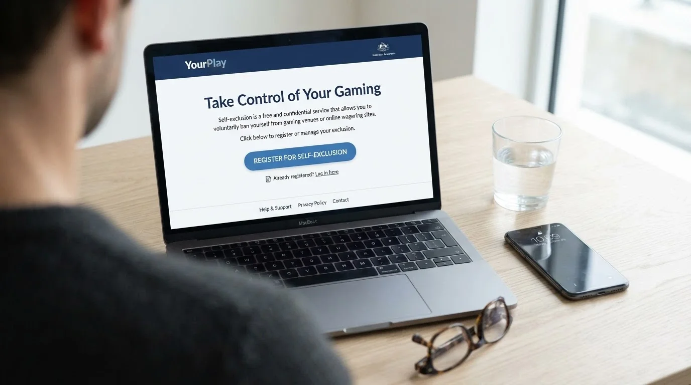 The BetStop website homepage on a laptop screen with the registration button visible and a phone beside it